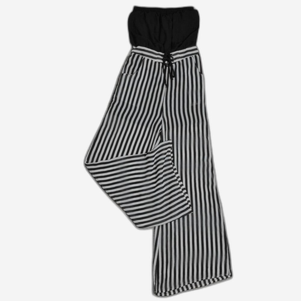 Double Zero Tube Top Pant Jumpsuit M Black White Striped Wide Leg Tie Waist - Picture 8 of 10
